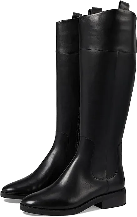 Cole Haan Hampshire Black Leather Round Toe Pull On Stacked Heel Knee High Boots