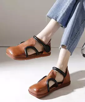 Handmade Brown Platform Splicing Buckle Strap Flats Shoes SL1016