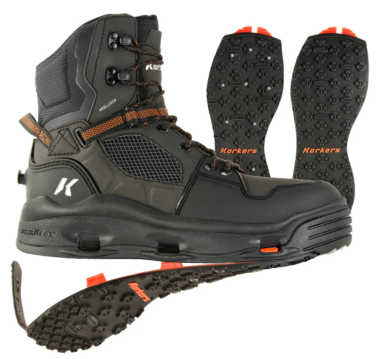 Korkers Mens Black Terror Ridge Wading Boots with Kling-On & Studded Kling-On Soles