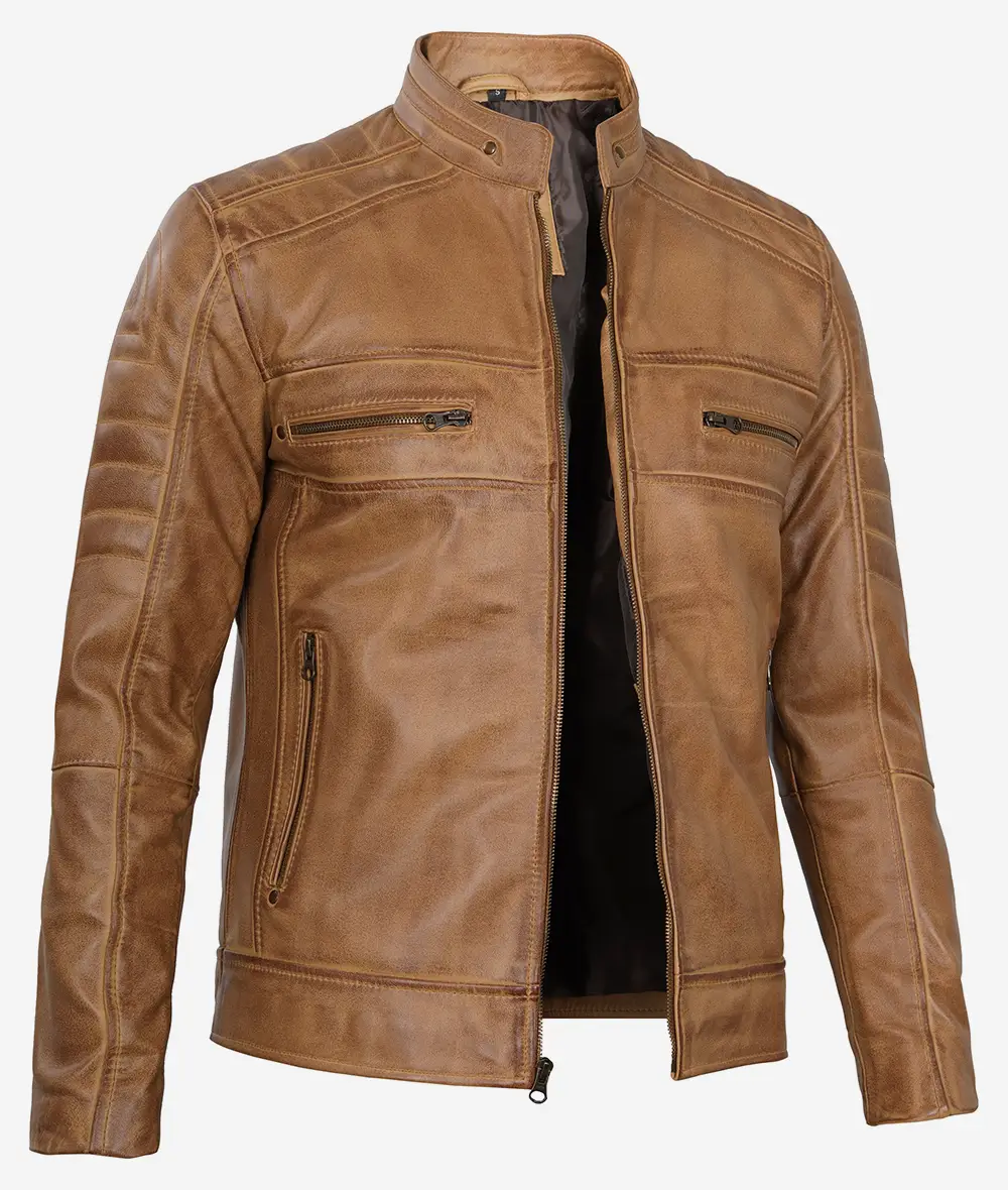 Men's Cafe Racer Camel Brown Leather Jacket