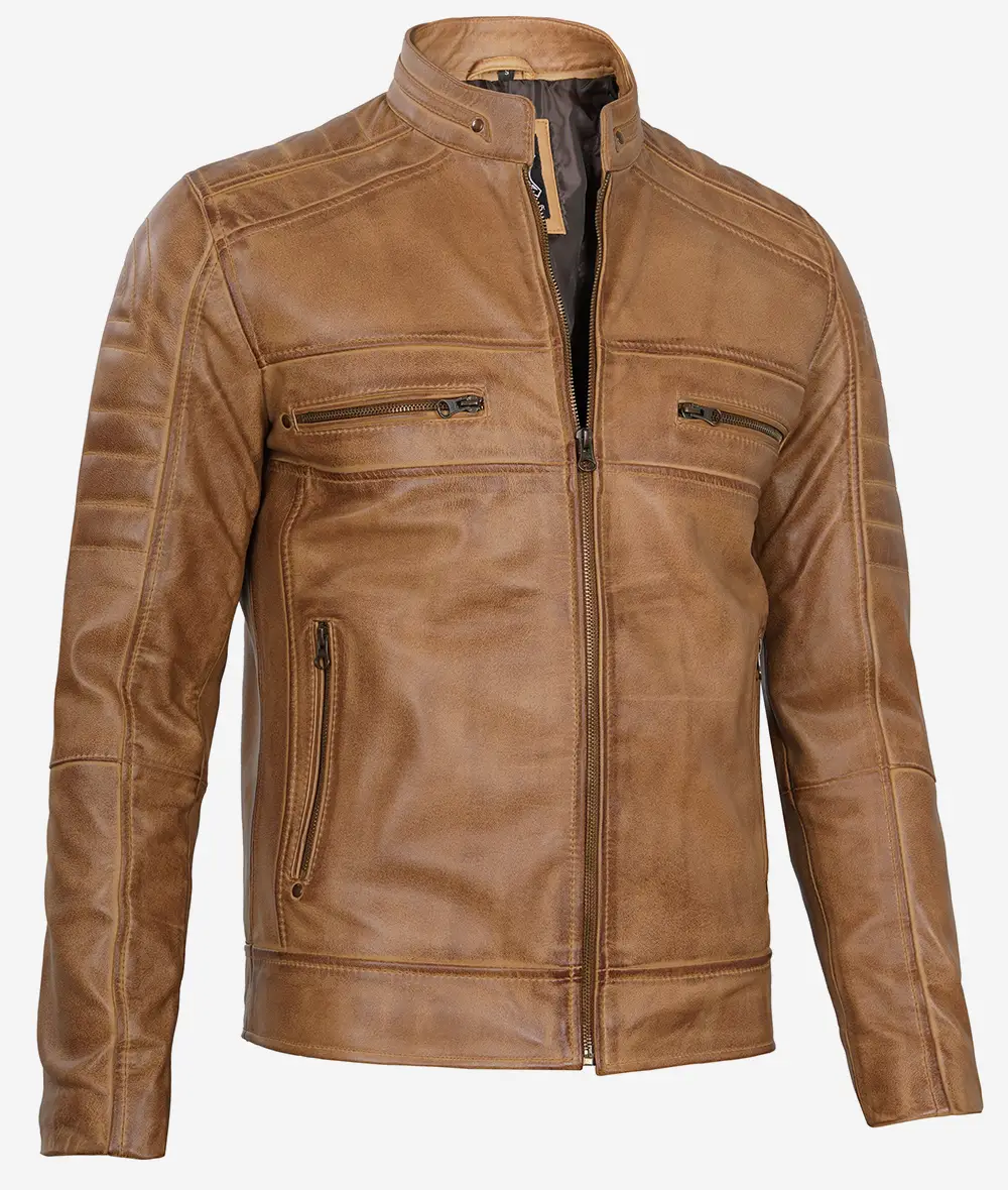 Men's Cafe Racer Camel Brown Leather Jacket