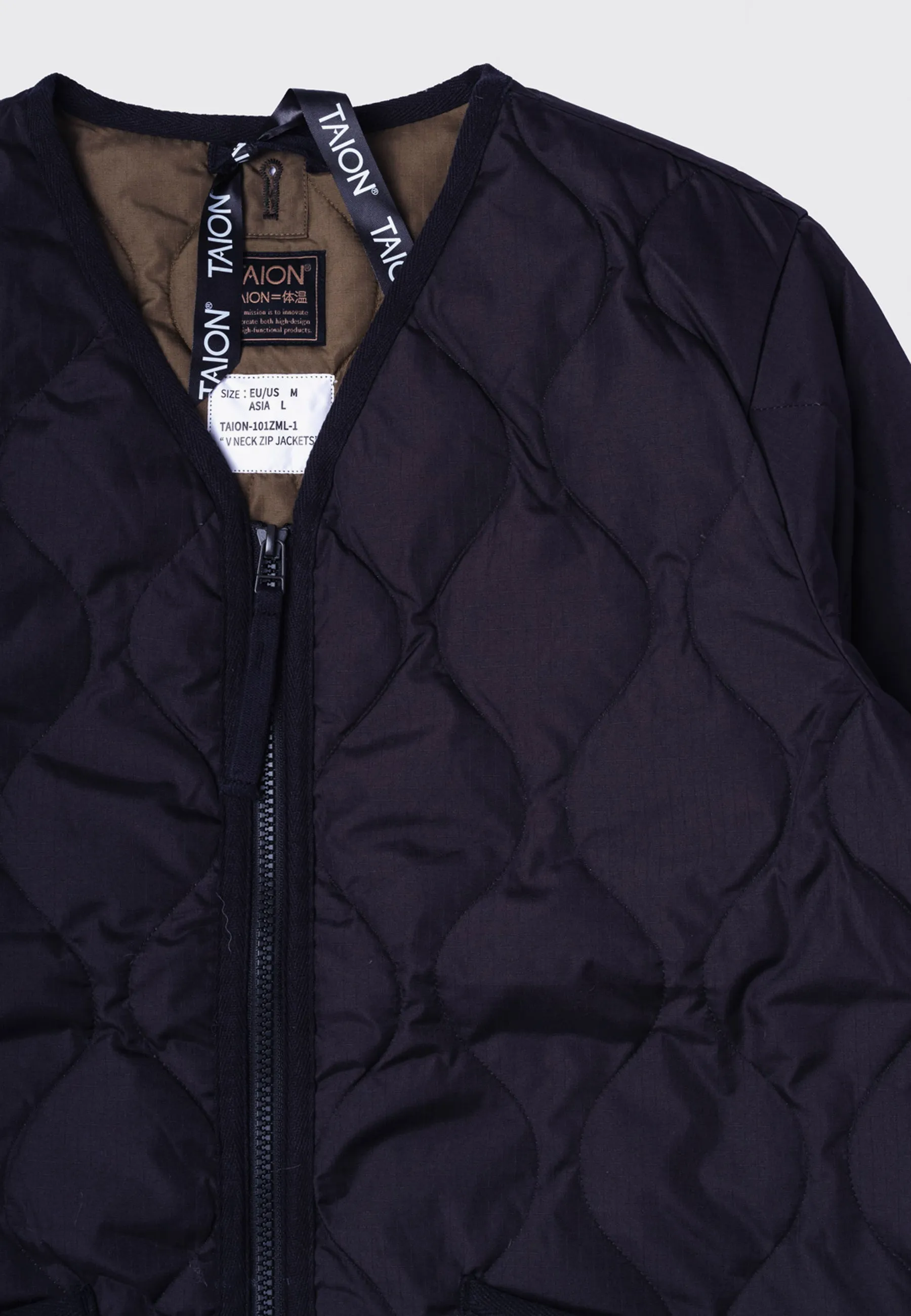 Military Zip V Neck Down Jacket - Black