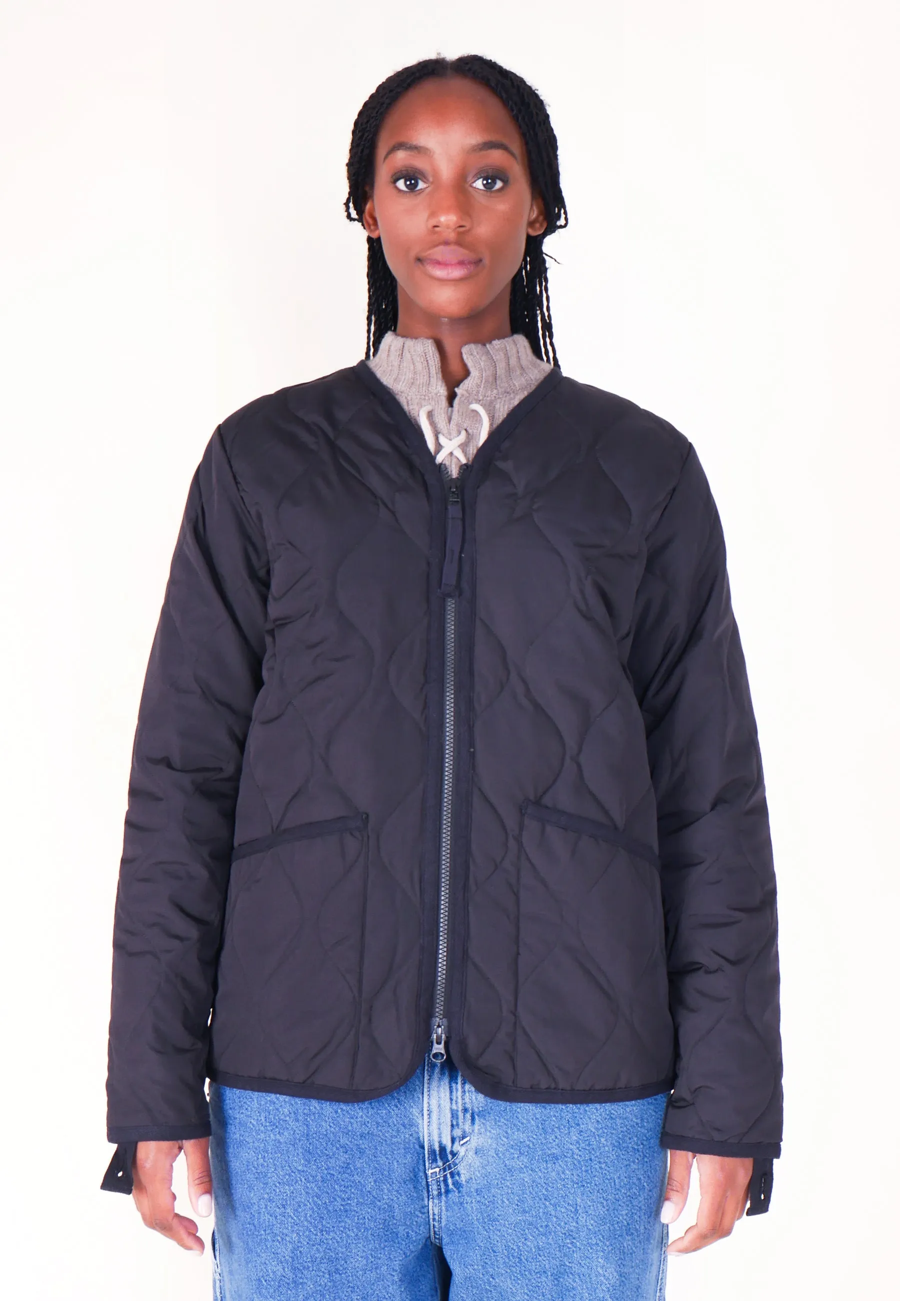 Military Zip V Neck Down Jacket - Black