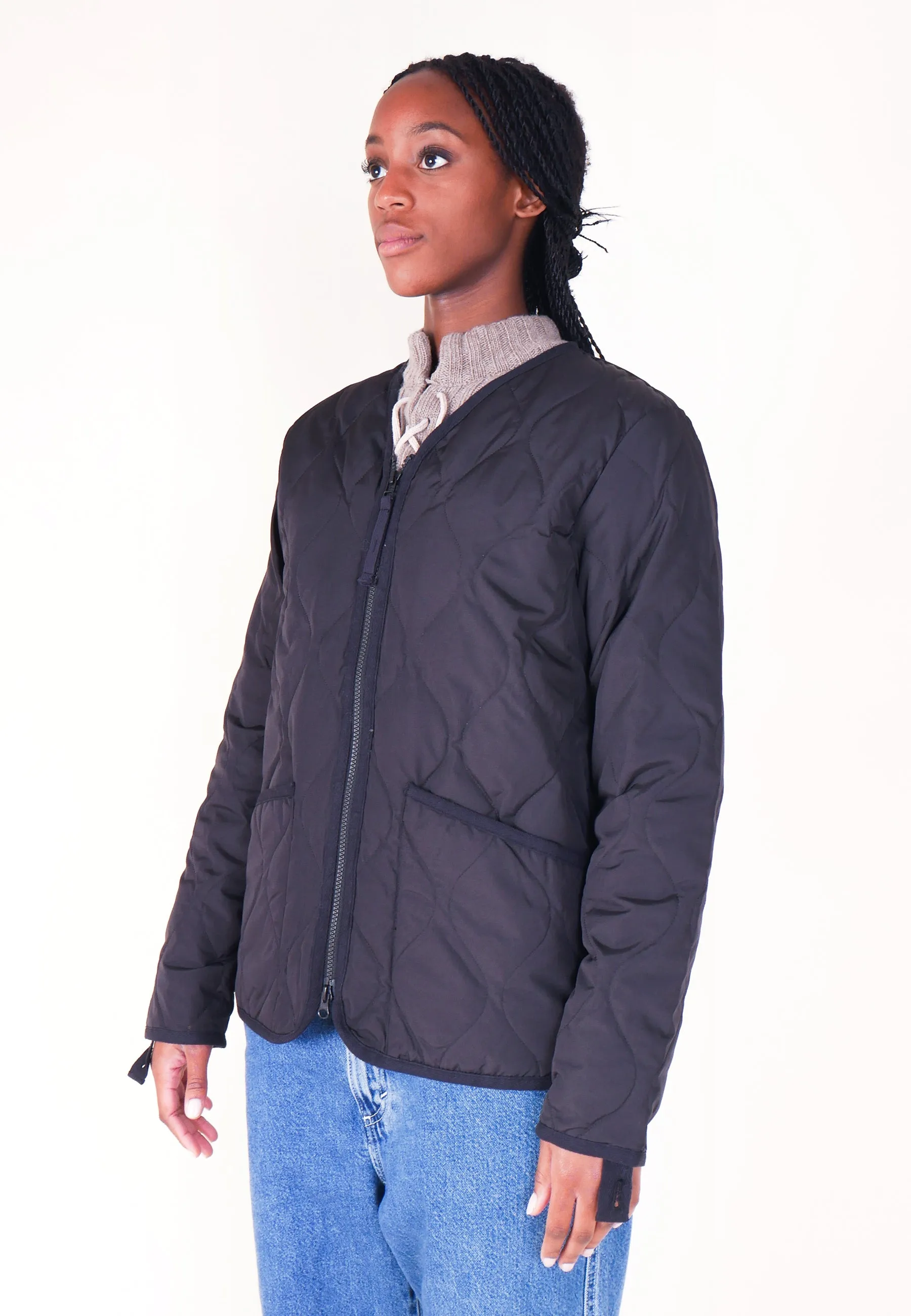 Military Zip V Neck Down Jacket - Black