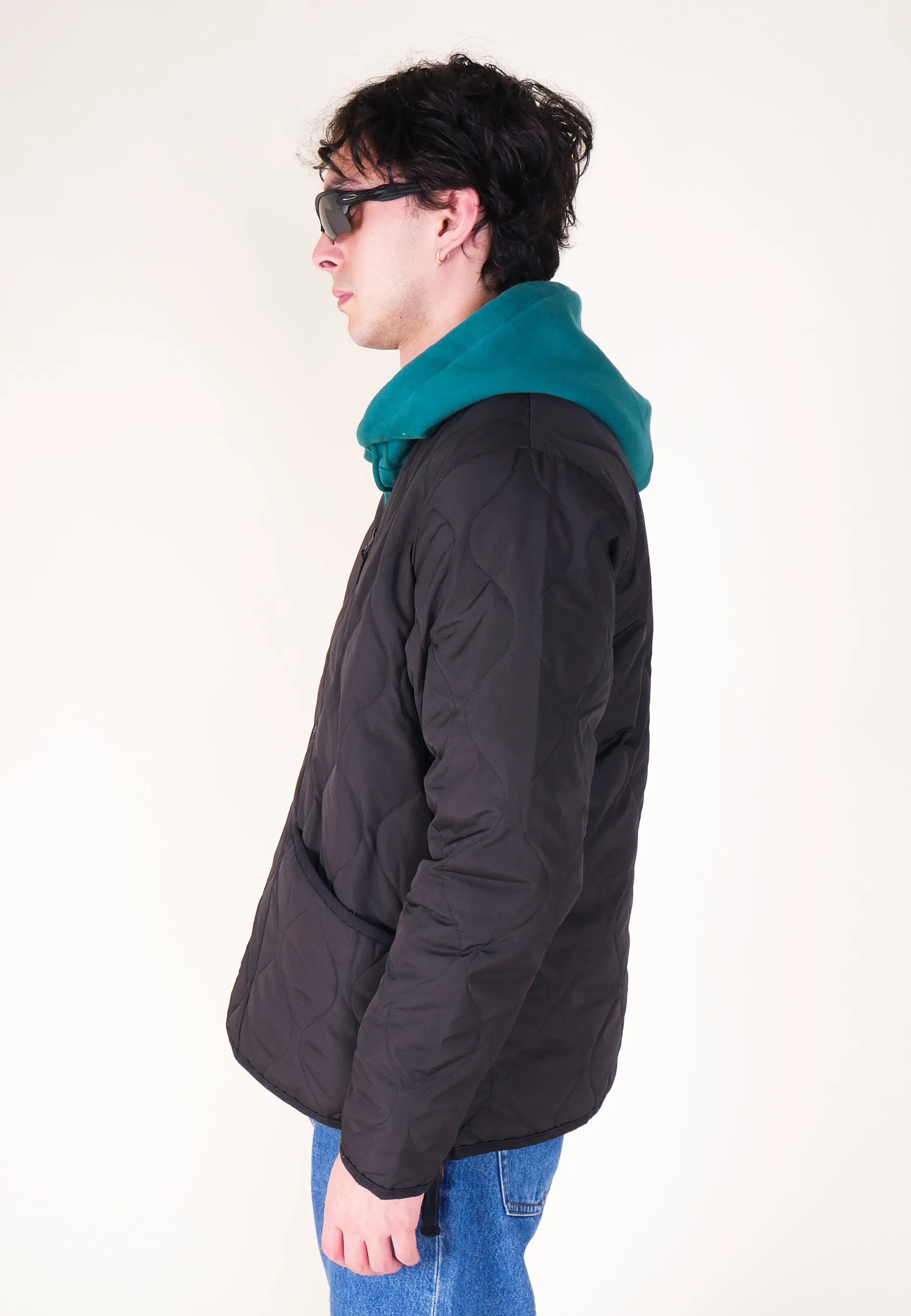 Military Zip V Neck Down Jacket - Black