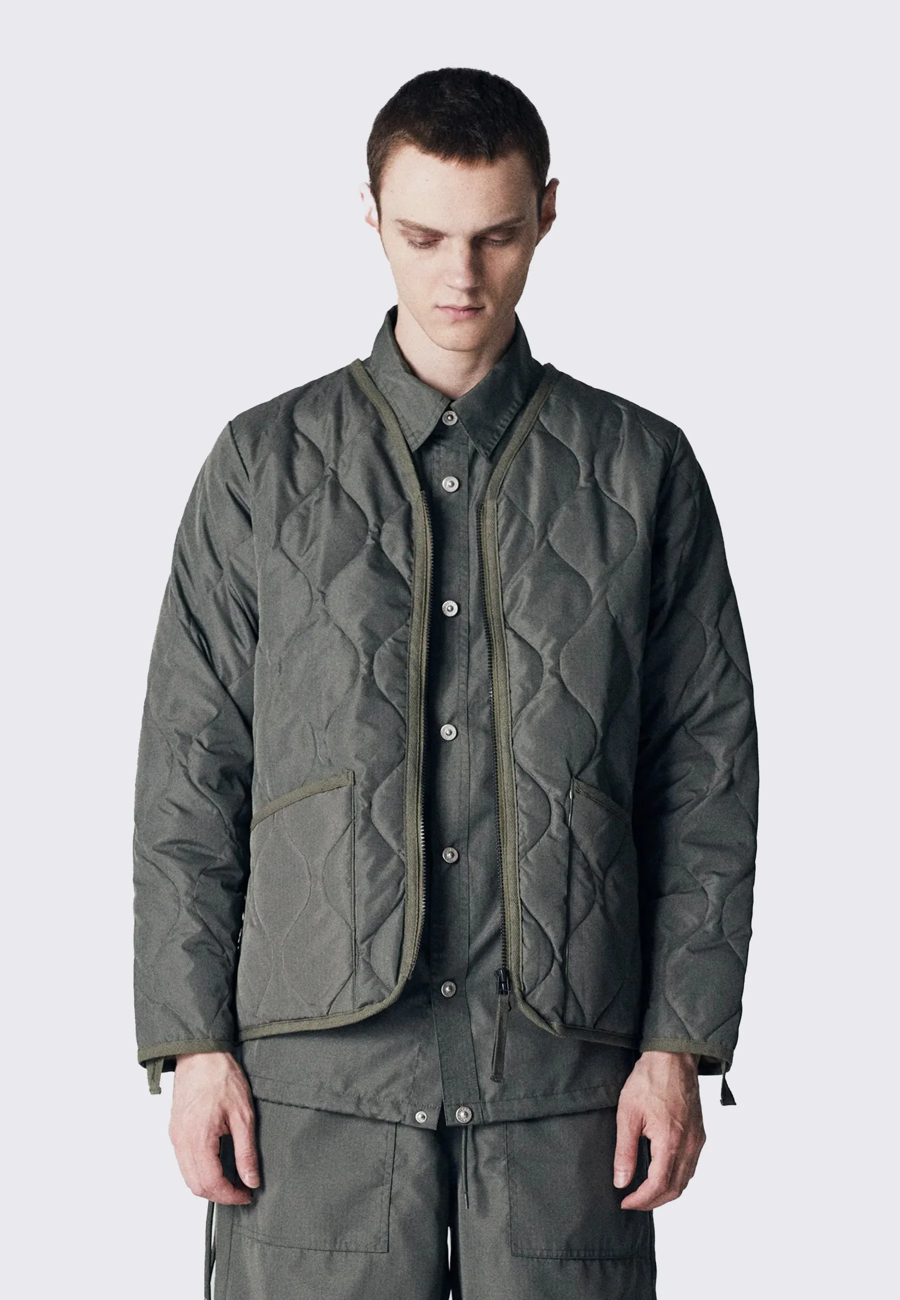 Military Zip V Neck Down Jacket - Olive