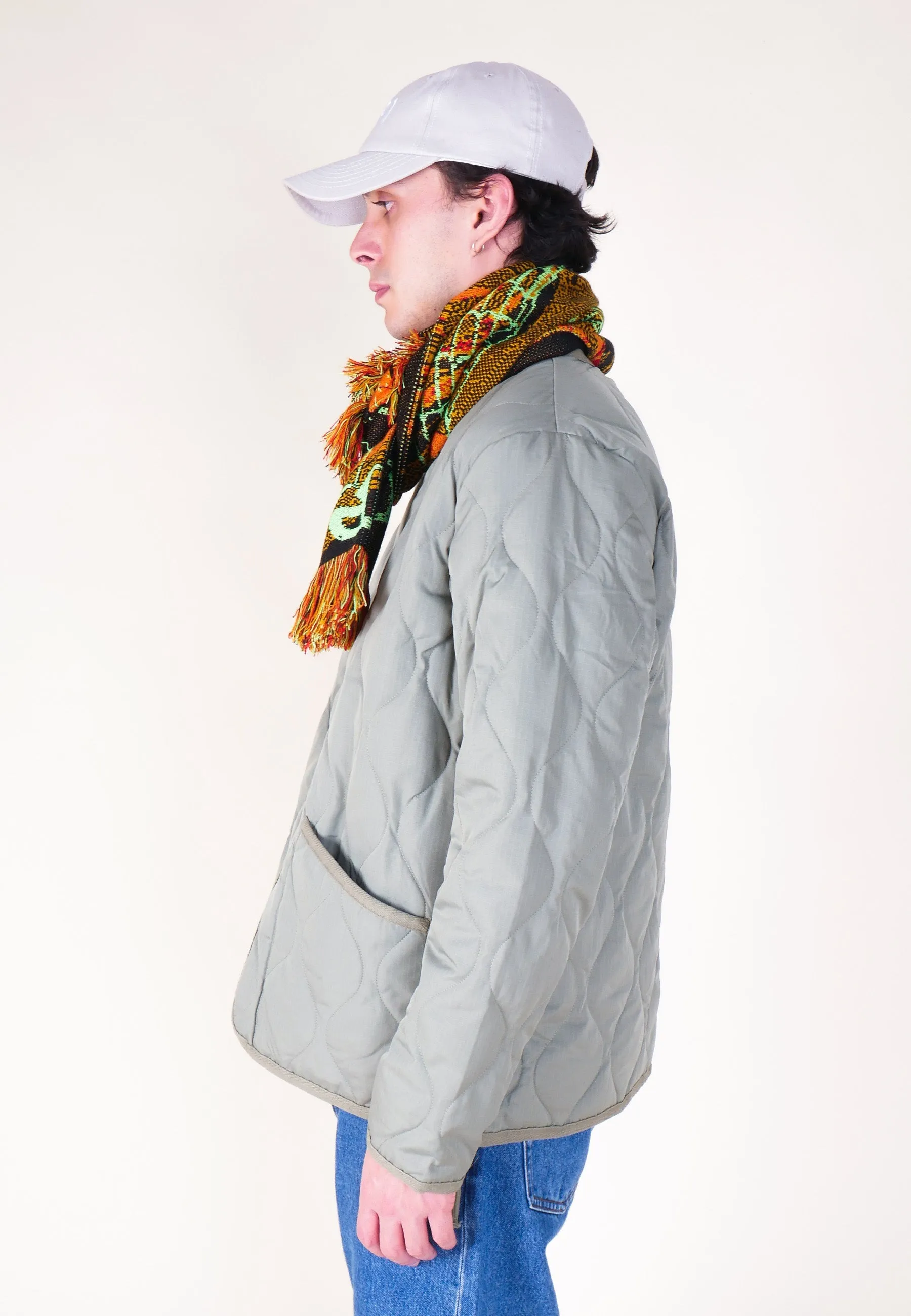 Military Zip V Neck Down Jacket - Sage Green