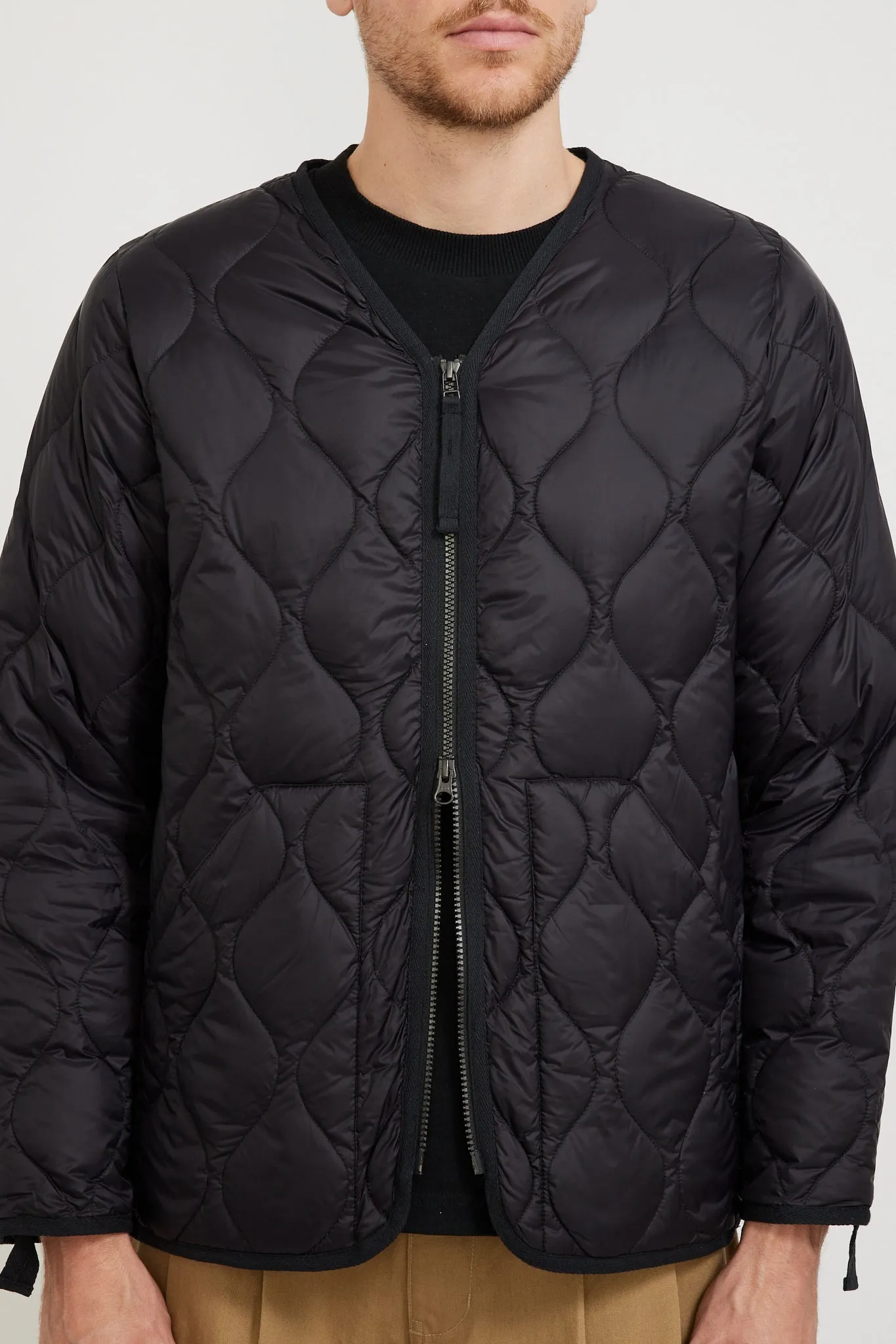 Military Zip V Neck Soft Shell Down Jacket Black