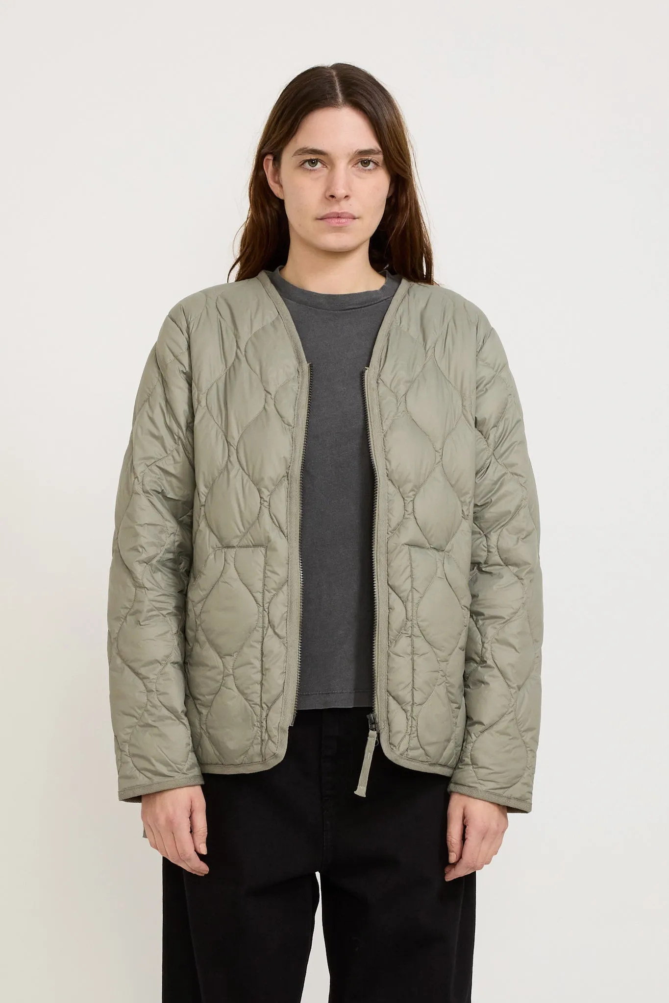 Military Zip V Neck Soft Shell Down Jacket Dark Sage Green Womens