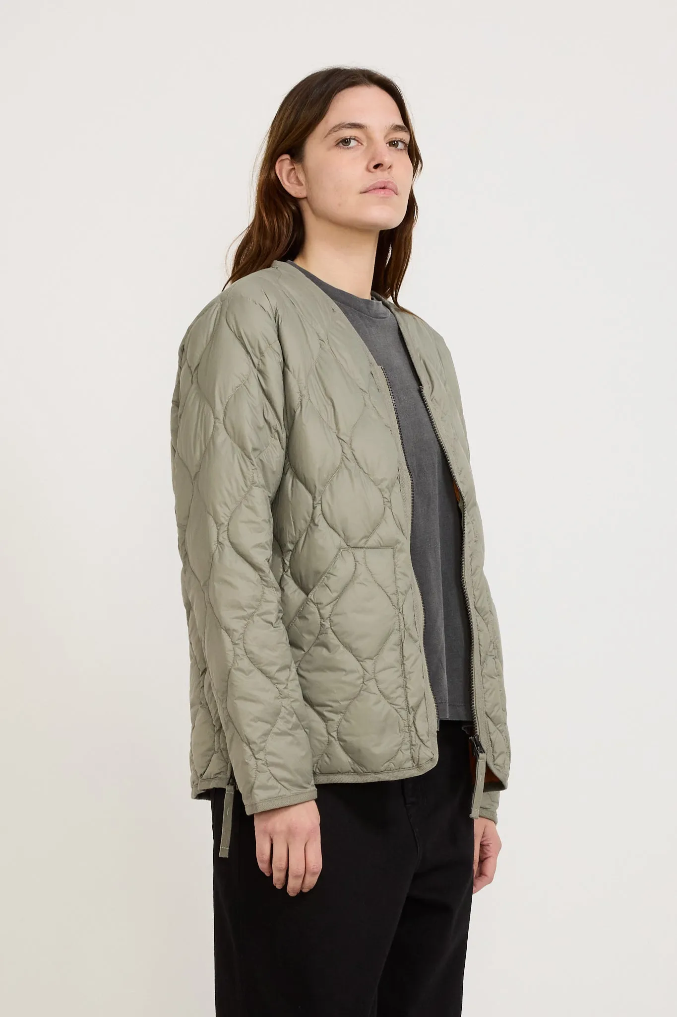 Military Zip V Neck Soft Shell Down Jacket Dark Sage Green Womens