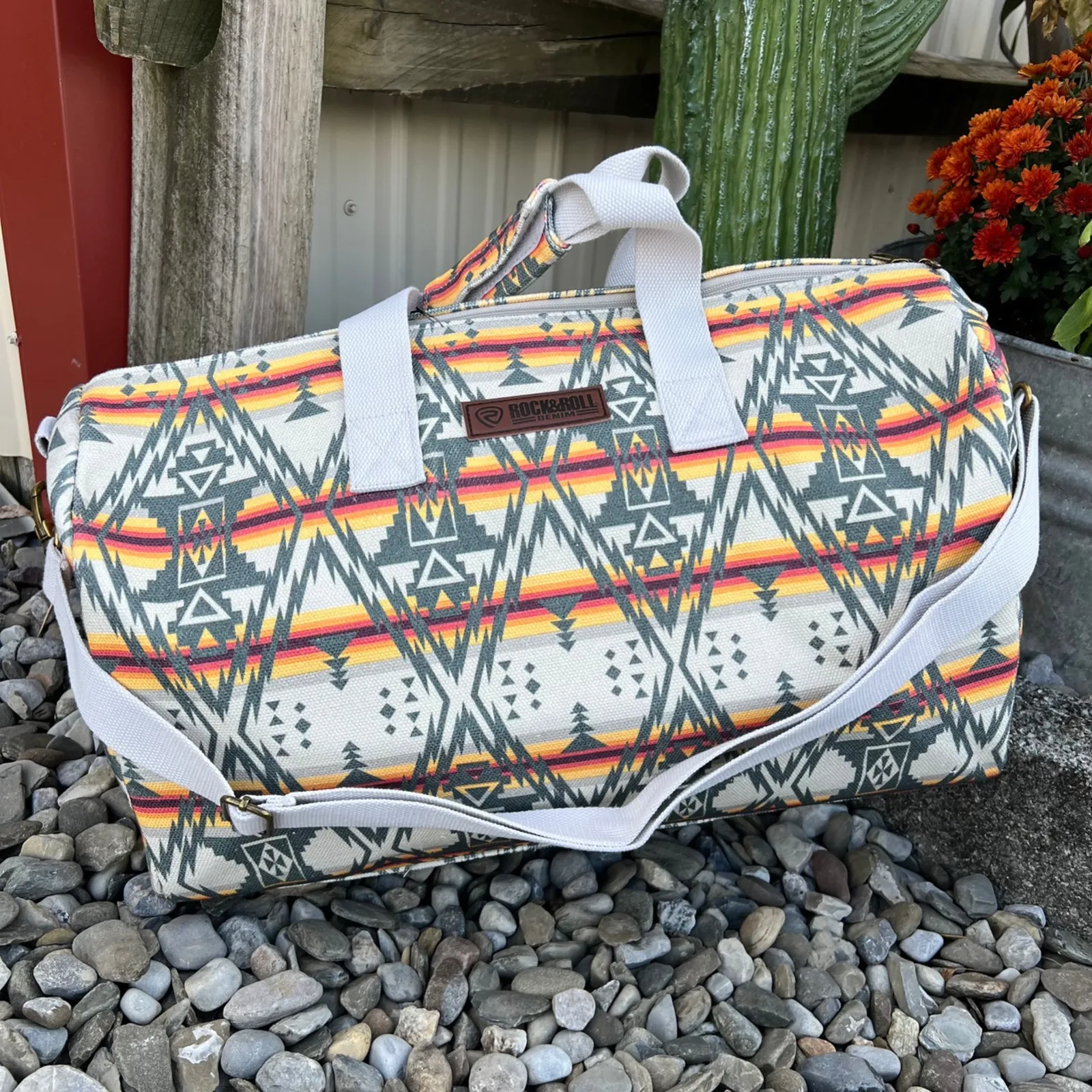 Rock & Roll Denim Cream Aztec Print Duffle Bag 