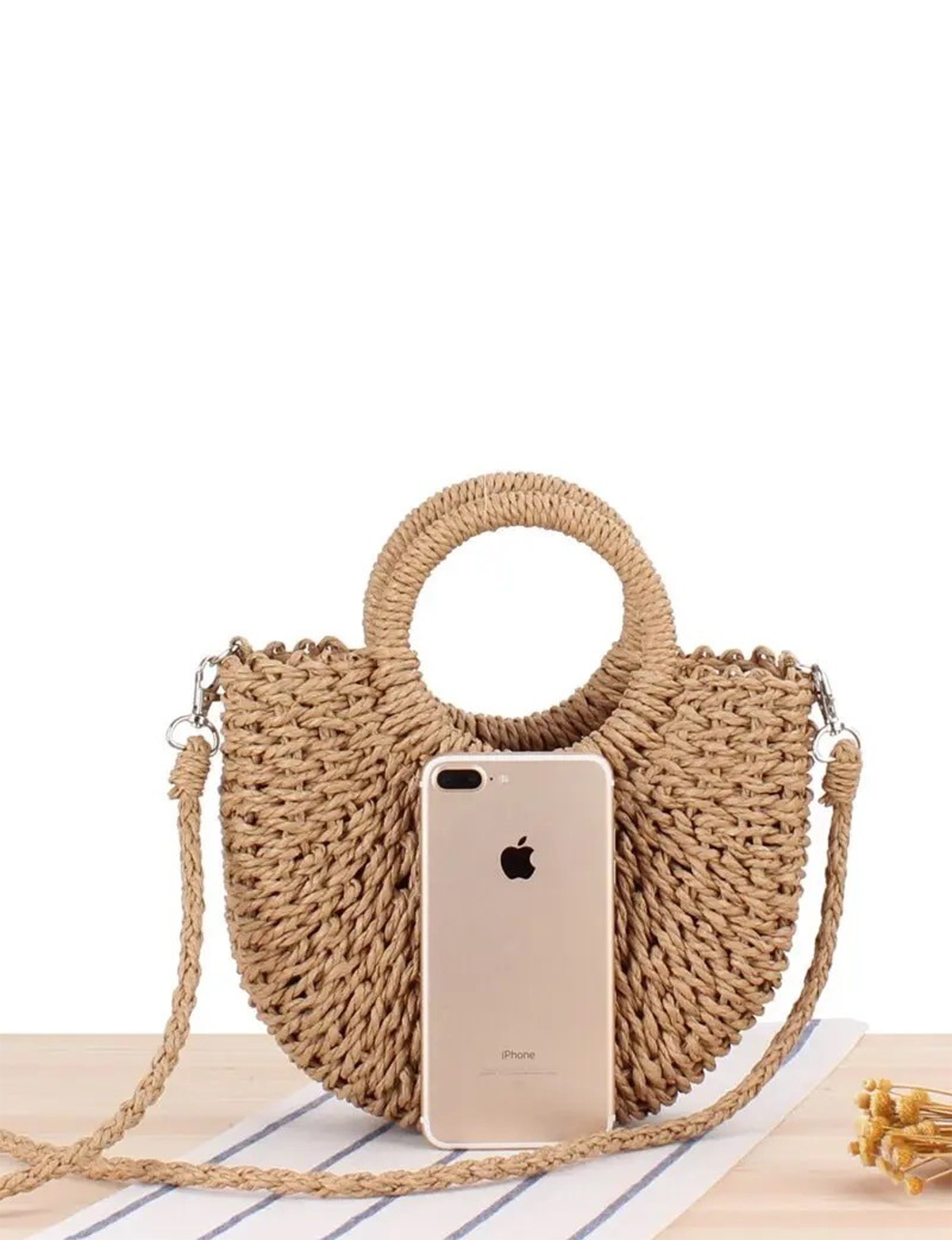 Straw Woven Round Mini Clutch, Taupe