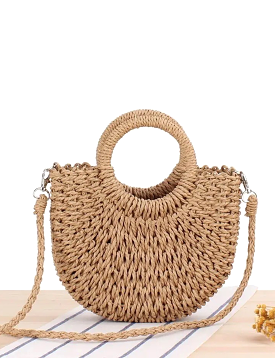 Straw Woven Round Mini Clutch, Taupe