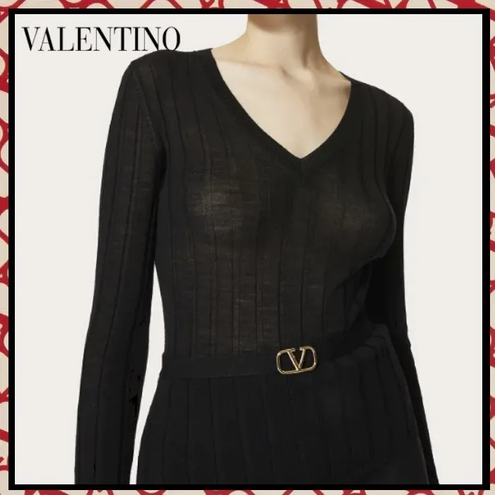 VALENTINO  |Casual Style Wool V-Neck Long Sleeves Plain Medium