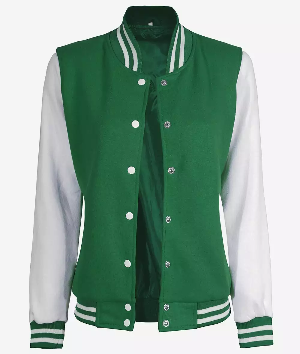 Women's Green and White Letterman Jacket - Baseball Bomber Style