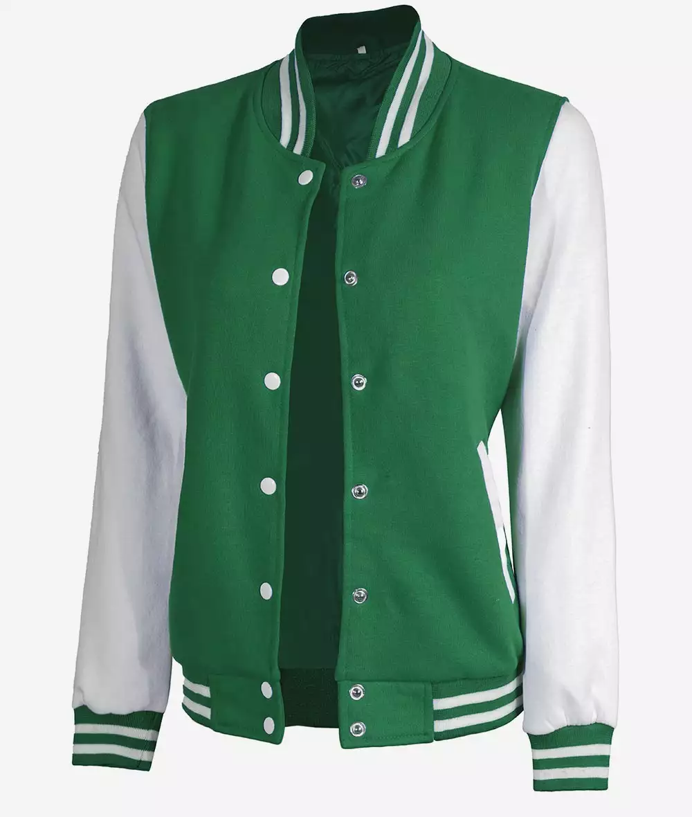 Women's Green and White Letterman Jacket - Baseball Bomber Style