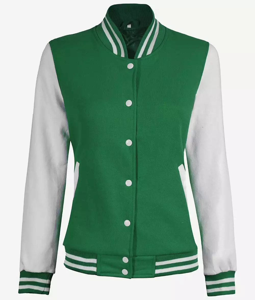 Women's Green and White Letterman Jacket - Baseball Bomber Style