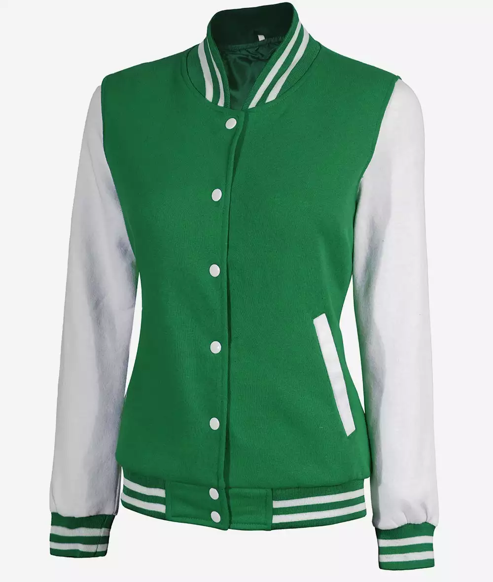 Women's Green and White Letterman Jacket - Baseball Bomber Style