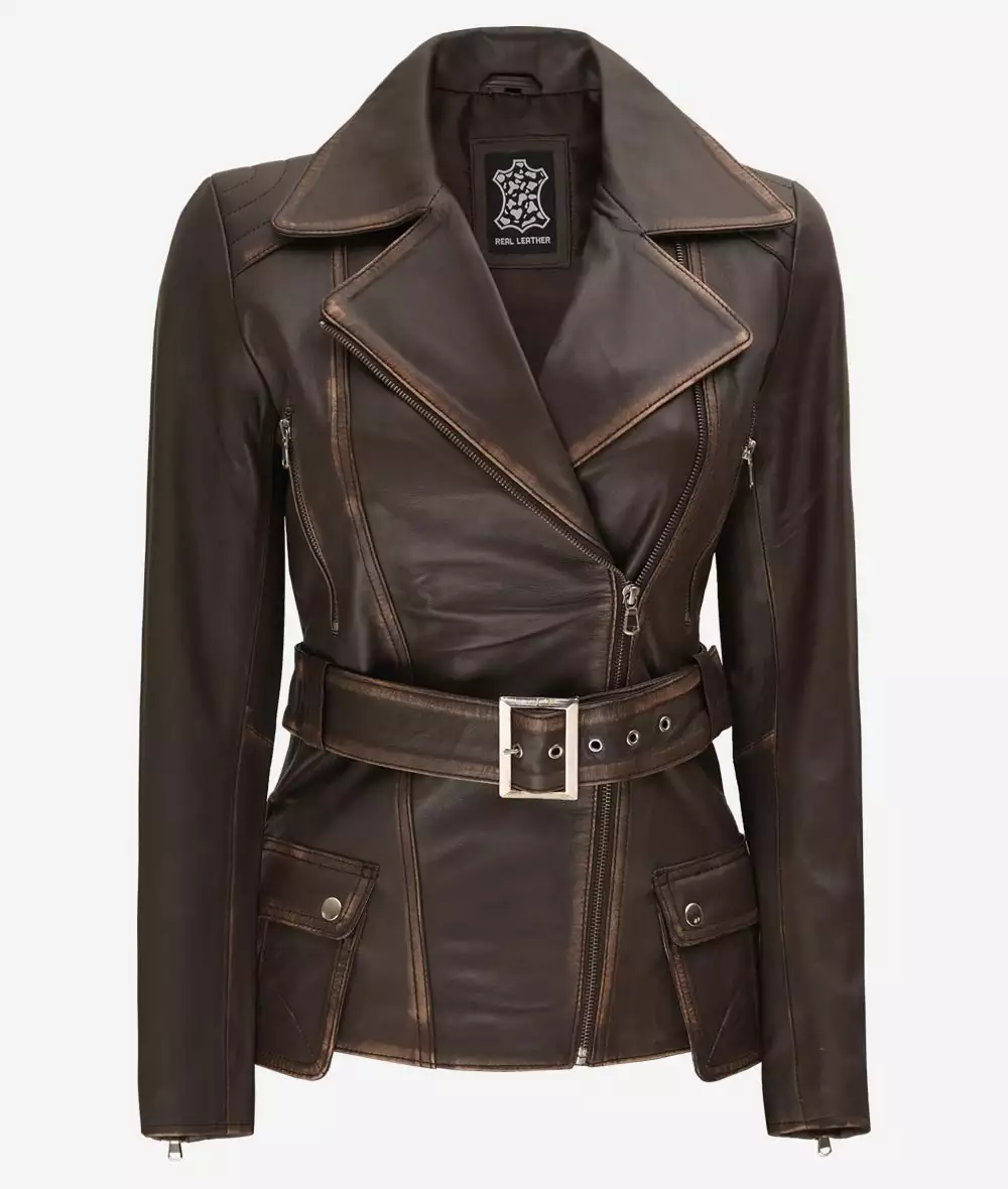 Womens Asymmetrical Dark Brown Rub Off Leather Belted Jacket