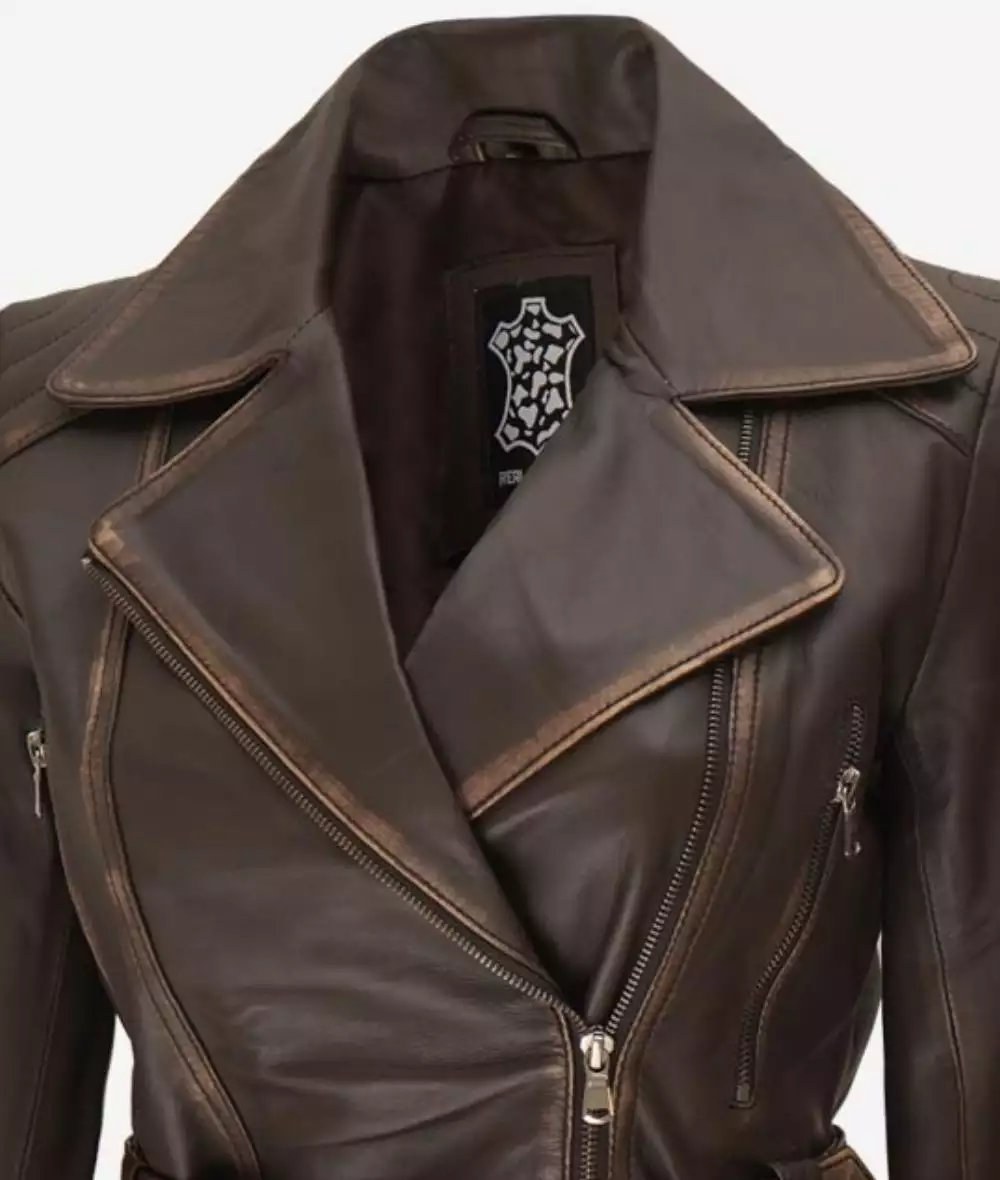 Womens Asymmetrical Dark Brown Rub Off Leather Belted Jacket