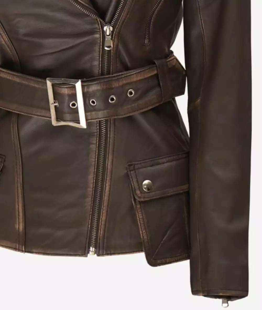 Womens Asymmetrical Dark Brown Rub Off Leather Belted Jacket