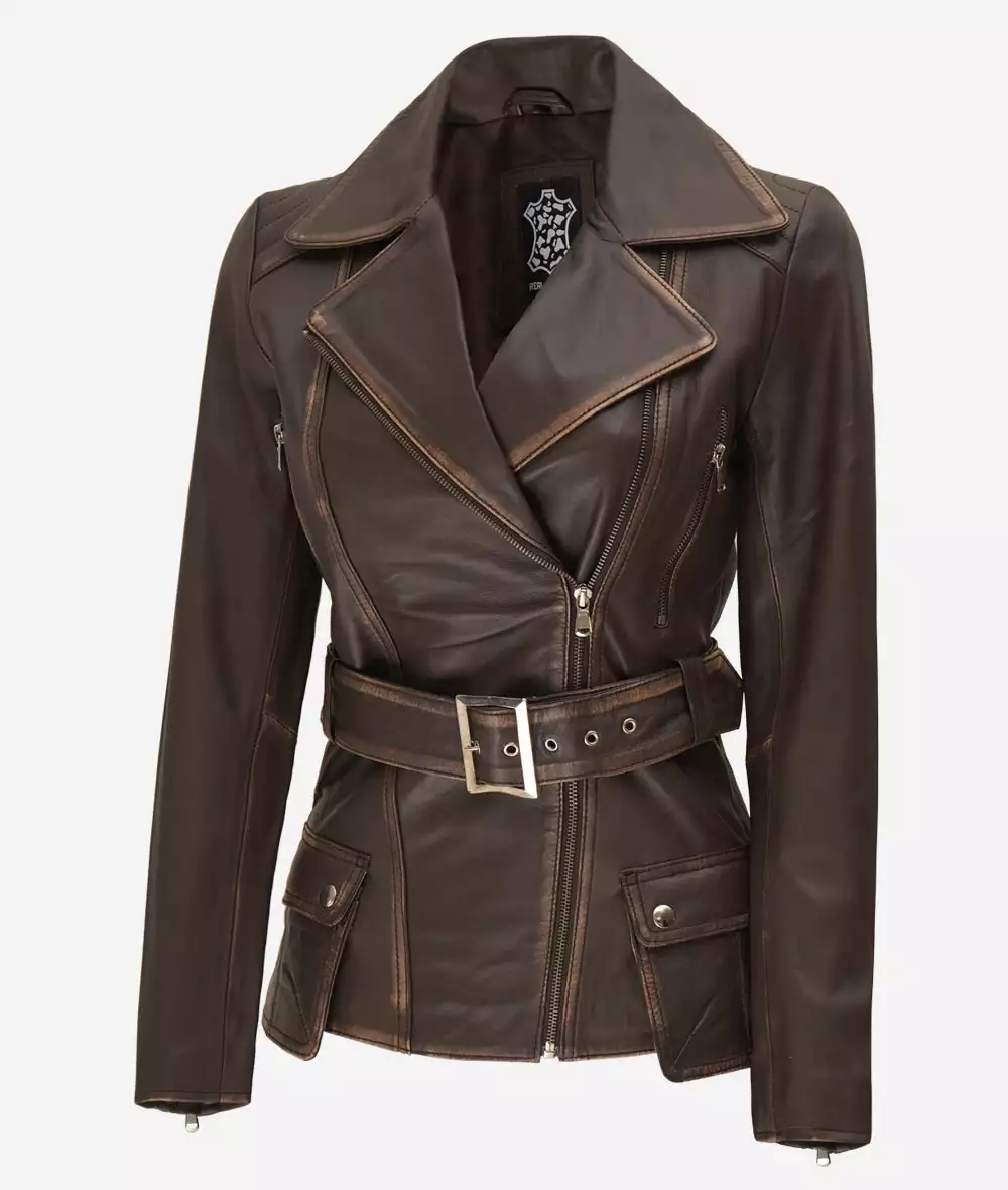 Womens Asymmetrical Dark Brown Rub Off Leather Belted Jacket