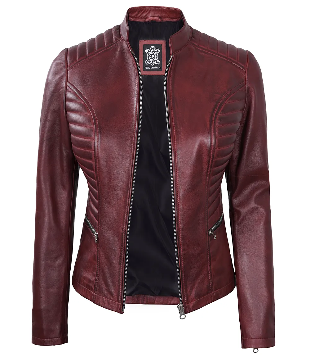 Womens Maroon Leather Cafe Racer Jacket