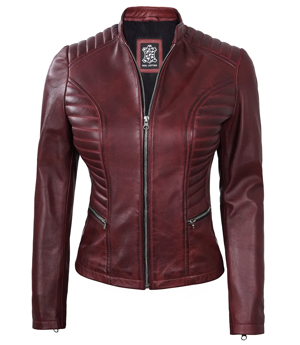 Womens Maroon Leather Cafe Racer Jacket