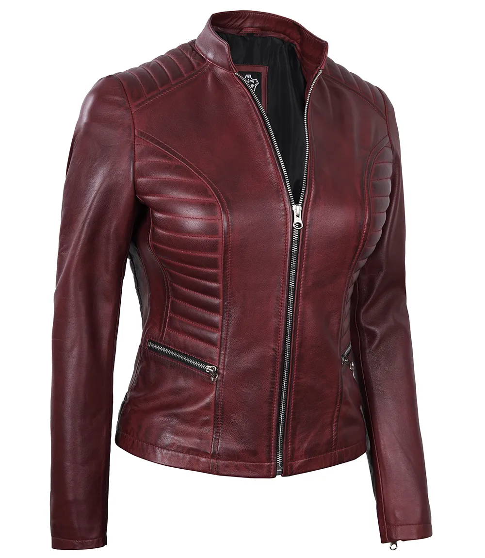 Womens Maroon Leather Cafe Racer Jacket