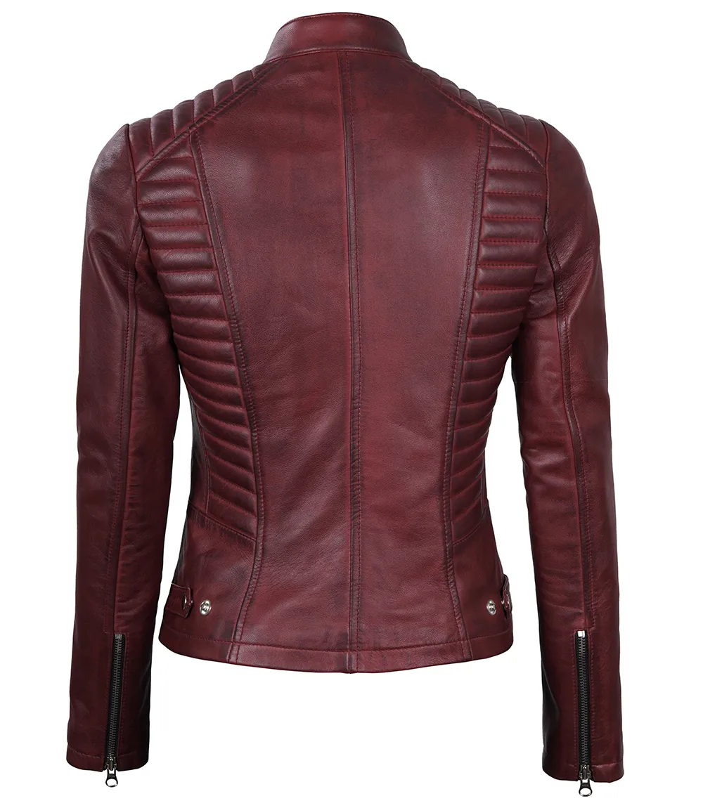 Womens Maroon Leather Cafe Racer Jacket