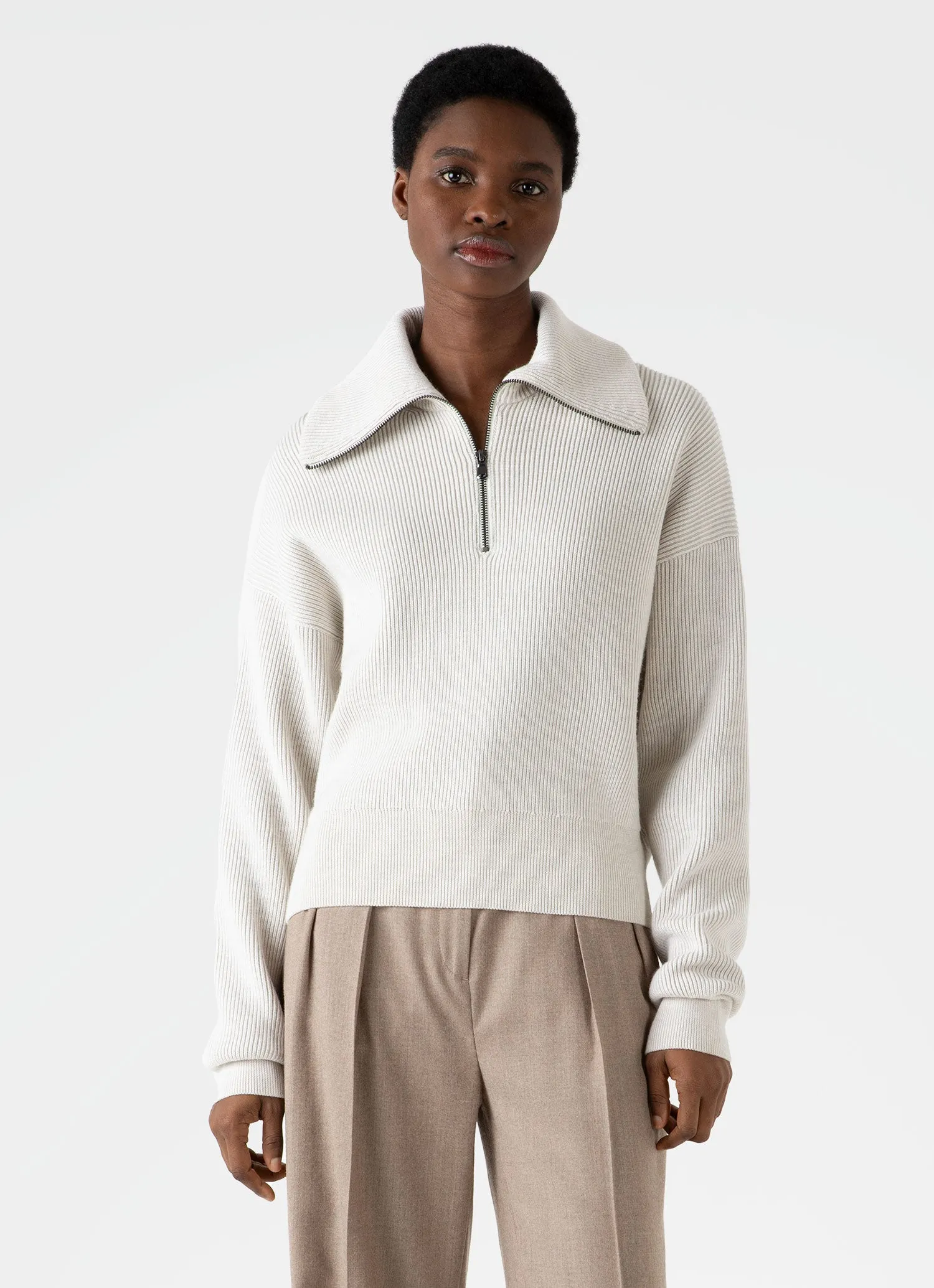 Women's Ribbed Half Zip Jumper in Ecru