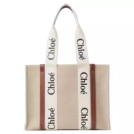 Woody Tote Medium Linen, White/Brown